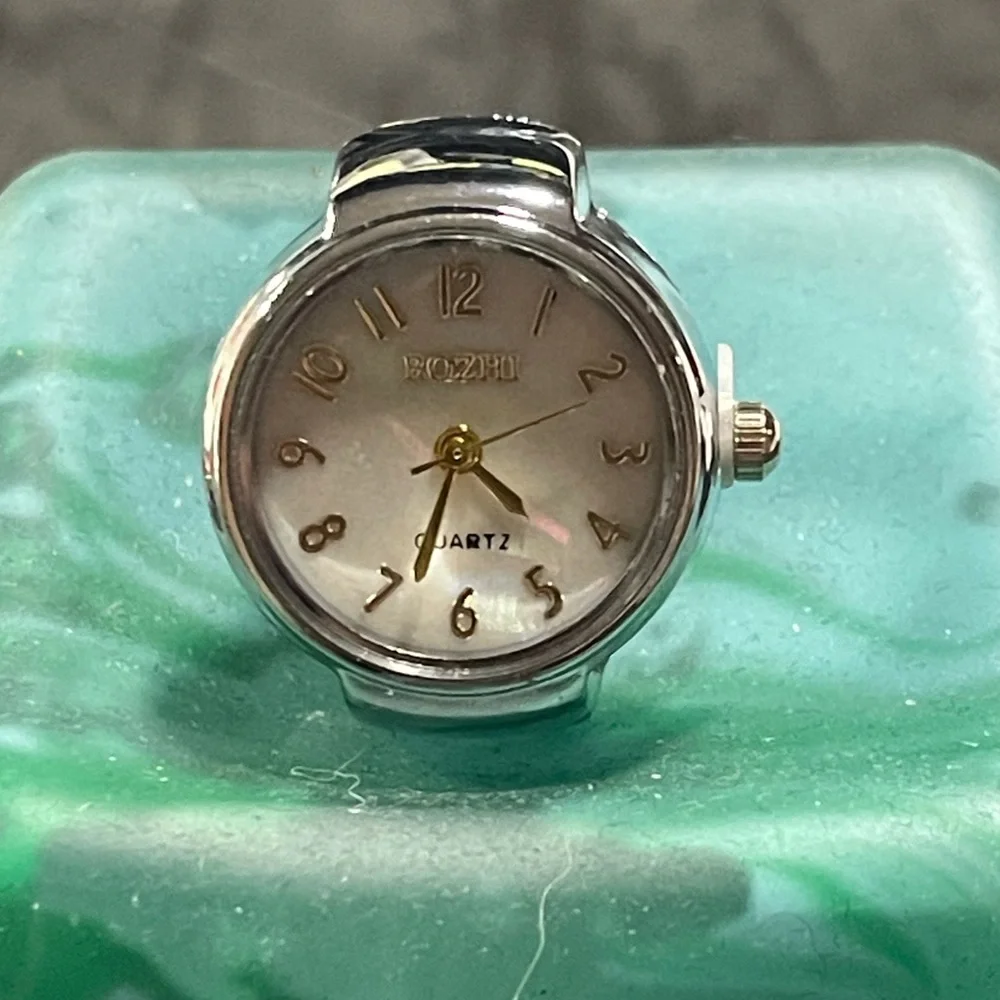 Fashion Ring Watch Jewelry- Quartz Silver Tone & White Pearl Face Stretchy Band.
